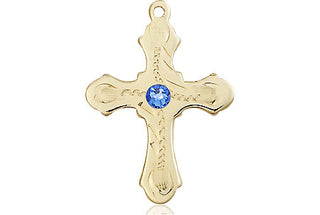 14kt Gold Filled Cross Pendant with a 3mm Sapphire Swarovski stone on an 18-inch Gold Filled Light Curb Chain Engraved Catholic Saint Jewelry