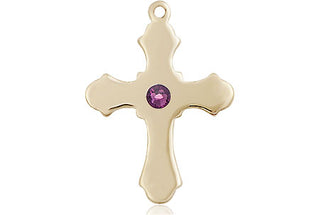14kt Gold Cross Medal with a 3mm Amethyst Swarovski stone