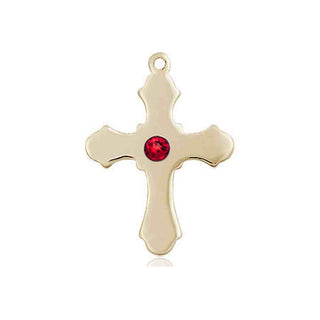14kt Gold Cross Medal with a 3mm Ruby Swarovski stone