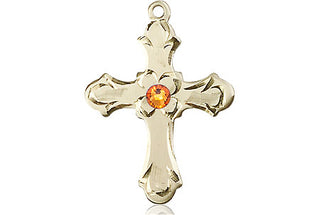 14kt Gold Cross Medal with a 3mm Topaz Swarovski stone Engraved Catholic Saint Jewelry