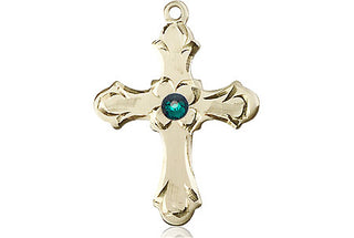 14kt Gold Cross Medal with a 3mm Emerald Swarovski stone Engraved Catholic Saint Jewelry