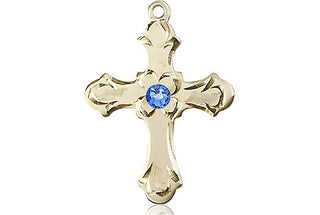 14kt Gold Cross Medal with a 3mm Sapphire Swarovski stone Engraved Catholic Saint Jewelry