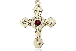 14kt Gold Cross Medal with a 3mm Garnet Swarovski stone Engraved Catholic Saint Jewelry
