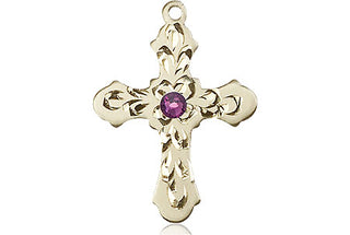 14kt Gold Cross Medal with a 3mm Amethyst Swarovski stone Engraved Catholic Saint Jewelry