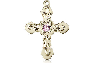 14kt Gold Cross Medal with a 3mm Light Amethyst Swarovski stone Engraved Catholic Saint Jewelry