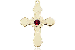 14kt Gold Cross Medal with a 3mm Garnet Swarovski stone Engraved Catholic Saint Jewelry