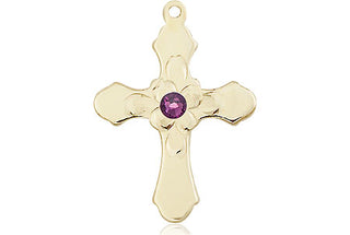 14kt Gold Cross Medal with a 3mm Amethyst Swarovski stone Engraved Catholic Saint Jewelry