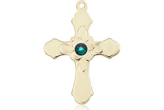 14kt Gold Cross Medal with a 3mm Emerald Swarovski stone Engraved Catholic Saint Jewelry