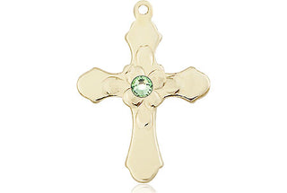 14kt Gold Cross Medal with a 3mm Peridot Swarovski stone Engraved Catholic Saint Jewelry