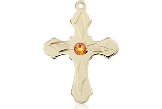 14kt Gold Cross Medal with a 3mm Topaz Swarovski stone Engraved Catholic Saint Jewelry
