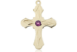 14kt Gold Cross Medal with a 3mm Amethyst Swarovski stone Engraved Catholic Saint Jewelry
