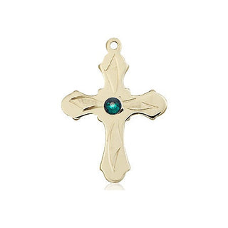 14kt Gold Cross Medal with a 3mm Emerald Swarovski stone Engraved Catholic Saint Jewelry
