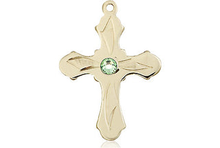 14kt Gold Cross Medal with a 3mm Peridot Swarovski stone Engraved Catholic Saint Jewelry