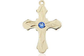 14kt Gold Cross Medal with a 3mm Sapphire Swarovski stone Engraved Catholic Saint Jewelry