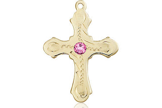 14kt Gold Cross Medal with a 3mm Rose Swarovski stone Engraved Catholic Saint Jewelry