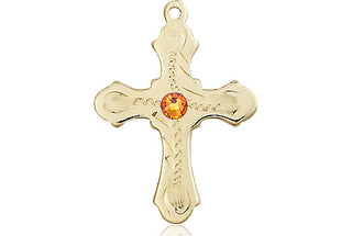 14kt Gold Cross Medal with a 3mm Topaz Swarovski stone Engraved Catholic Saint Jewelry