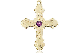 14kt Gold Cross Medal with a 3mm Amethyst Swarovski stone Engraved Catholic Saint Jewelry