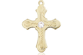 14kt Gold Cross Medal with a 3mm Crystal Swarovski stone Engraved Catholic Saint Jewelry