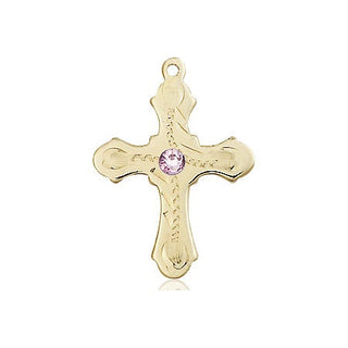 14kt Gold Cross Medal with a 3mm Light Amethyst Swarovski stone Engraved Catholic Saint Jewelry