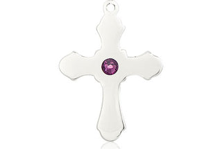 Sterling Silver Cross Pendant with a 3mm Amethyst Swarovski stone on an 18-inch Sterling Silver Light Curb Chain
