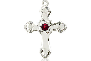 Sterling Silver Cross Pendant with a 3mm Garnet Swarovski stone on an 18-inch Sterling Silver Light Curb Chain Engraved Catholic Saint Jewelry