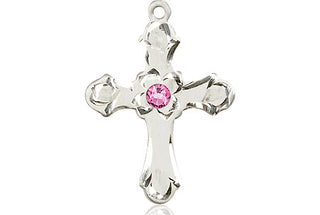 Sterling Silver Cross Pendant with a 3mm Rose Swarovski stone on an 18-inch Sterling Silver Light Curb Chain Engraved Catholic Saint Jewelry