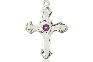Sterling Silver Cross Pendant with a 3mm Amethyst Swarovski stone on an 18-inch Sterling Silver Light Curb Chain Engraved Catholic Saint Jewelry