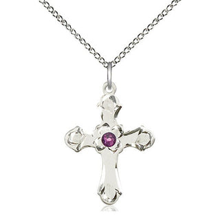 Sterling Silver Cross | 3mm Amethyst Swarovski stone | 18-inch Sterling Silver Chain | Engravable