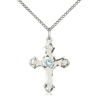 Sterling Silver Cross | 3mm Aqua Swarovski stone | 18-inch Sterling Silver Chain | Engravable