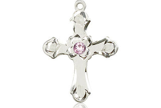 Sterling Silver Cross Pendant with a 3mm Light Amethyst Swarovski stone on an 18-inch Sterling Silver Light Curb Chain Engraved Catholic Saint Jewelry
