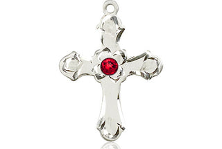 Sterling Silver Cross Pendant with a 3mm Ruby Swarovski stone on an 18-inch Sterling Silver Light Curb Chain Engraved Catholic Saint Jewelry