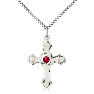 Sterling Silver Cross | 3mm Ruby Swarovski stone | 18-inch Sterling Silver Chain | Engravable