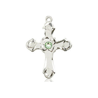 Sterling Silver Cross Pendant with a 3mm Peridot Swarovski stone on an 18-inch Sterling Silver Light Curb Chain Engraved Catholic Saint Jewelry