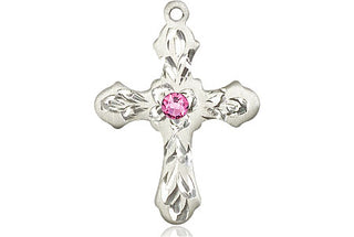 Sterling Silver Cross Pendant with a 3mm Rose Swarovski stone on an 18-inch Sterling Silver Light Curb Chain Engraved Catholic Saint Jewelry