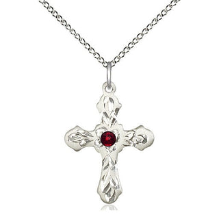 Sterling Silver Cross | 3mm Garnet Swarovski stone | 18-inch Sterling Silver Chain | Engravable