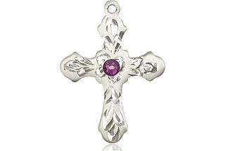 Sterling Silver Cross Pendant with a 3mm Amethyst Swarovski stone on an 18-inch Sterling Silver Light Curb Chain Engraved Catholic Saint Jewelry