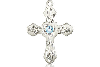 Sterling Silver Cross Pendant with a 3mm Aqua Swarovski stone on an 18-inch Sterling Silver Light Curb Chain Engraved Catholic Saint Jewelry