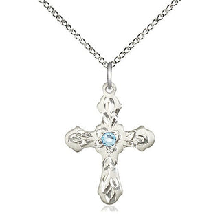 Sterling Silver Cross | 3mm Aqua Swarovski stone | 18-inch Sterling Silver Chain | Engravable