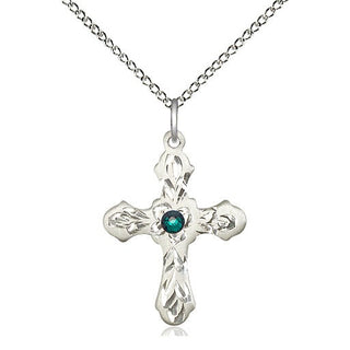 Sterling Silver Cross | 3mm Emerald Swarovski stone | 18-inch Sterling Silver Chain | Engravable