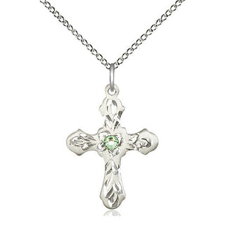 Sterling Silver Cross | 3mm Peridot Swarovski stone | 18-inch Sterling Silver Chain | Engravable