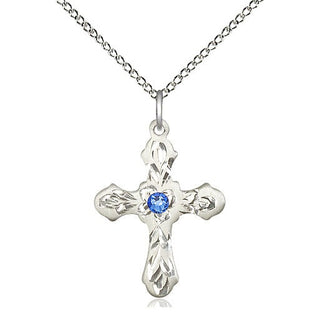 Sterling Silver Cross | 3mm Sapphire Swarovski stone | 18-inch Sterling Silver Chain | Engravable