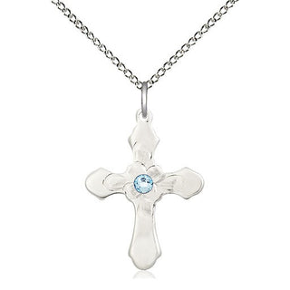 Sterling Silver Cross | 3mm Aqua Swarovski stone | 18-inch Sterling Silver Chain | Engravable