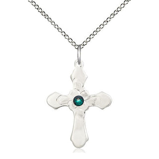 Sterling Silver Cross | 3mm Emerald Swarovski stone | 18-inch Sterling Silver Chain | Engravable