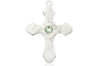 Sterling Silver Cross Pendant with a 3mm Peridot Swarovski stone on an 18-inch Sterling Silver Light Curb Chain Engraved Catholic Saint Jewelry