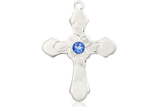 Sterling Silver Cross Pendant with a 3mm Sapphire Swarovski stone on an 18-inch Sterling Silver Light Curb Chain Engraved Catholic Saint Jewelry