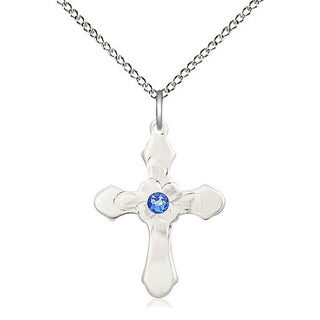 Sterling Silver Cross | 3mm Sapphire Swarovski stone | 18-inch Sterling Silver Chain | Engravable