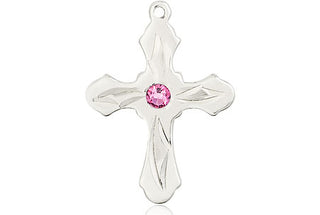 Sterling Silver Cross Pendant with a 3mm Rose Swarovski stone on an 18-inch Sterling Silver Light Curb Chain Engraved Catholic Saint Jewelry