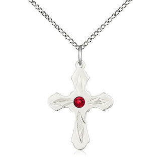 Sterling Silver Cross | 3mm Ruby Swarovski stone | 18-inch Sterling Silver Chain | Engravable