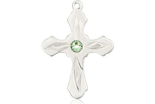 Sterling Silver Cross Pendant with a 3mm Peridot Swarovski stone on an 18-inch Sterling Silver Light Curb Chain Engraved Catholic Saint Jewelry