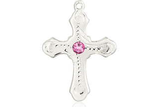 Sterling Silver Cross Pendant with a 3mm Rose Swarovski stone on an 18-inch Sterling Silver Light Curb Chain Engraved Catholic Saint Jewelry